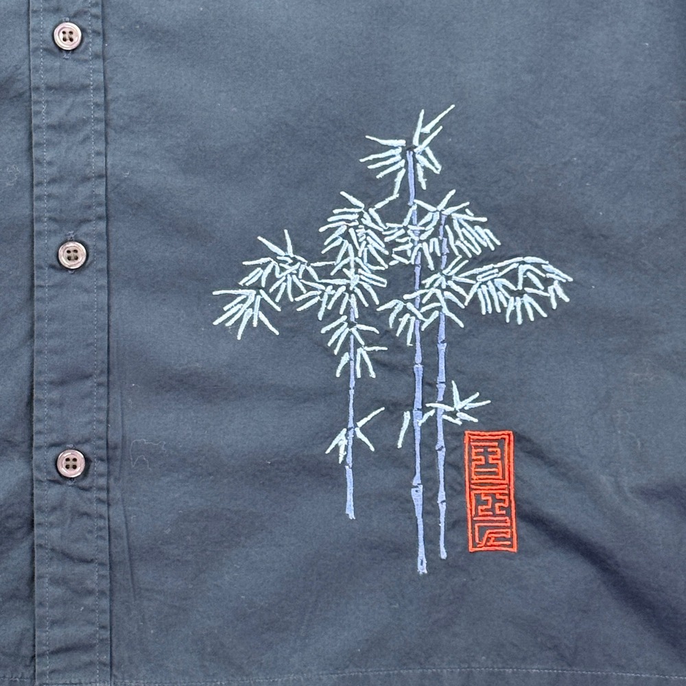 River Island Men's L Navy Embroidered Bamboo Button Up Shirt 100% Cotton Asian